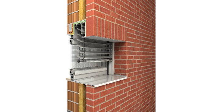 INTEGO.XP-RS Aluminium-Raffstorensystem auf QUADRO-Basis mit integriertem Insektenschutzgitter in Klinkerfassade, Bild: ROMA